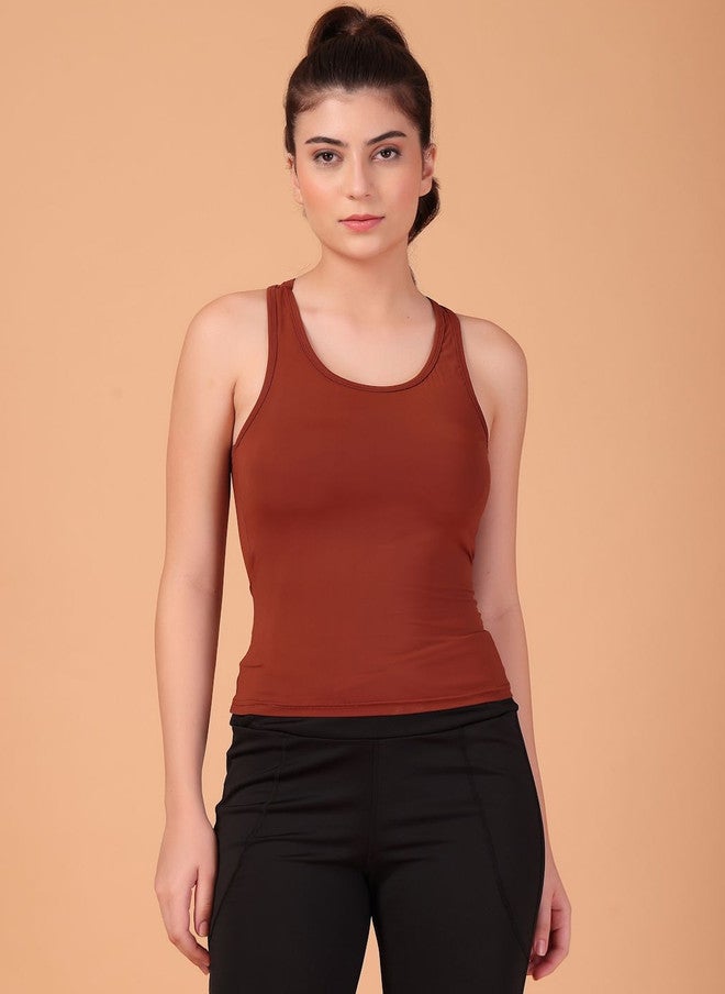 CUKOO Women Solid Brown Tank Top - Image 1